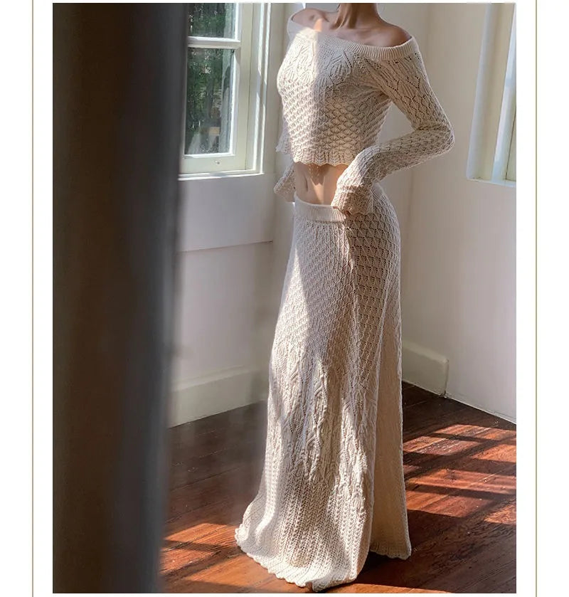 Women's Knitted Sweater Skirt Two-Piece Suit New Sexy Hollow Off-Neck Long Sleeve Sweater Skirt Suit