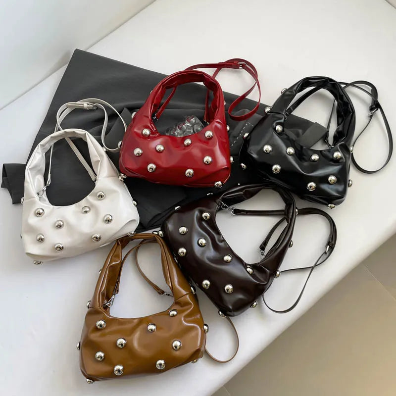Black Half Moon Underarm Bag For Women Luxury Studded Beading Handbags Red Purse Solid Color Pu Leather Shoulder Crossbody Bags