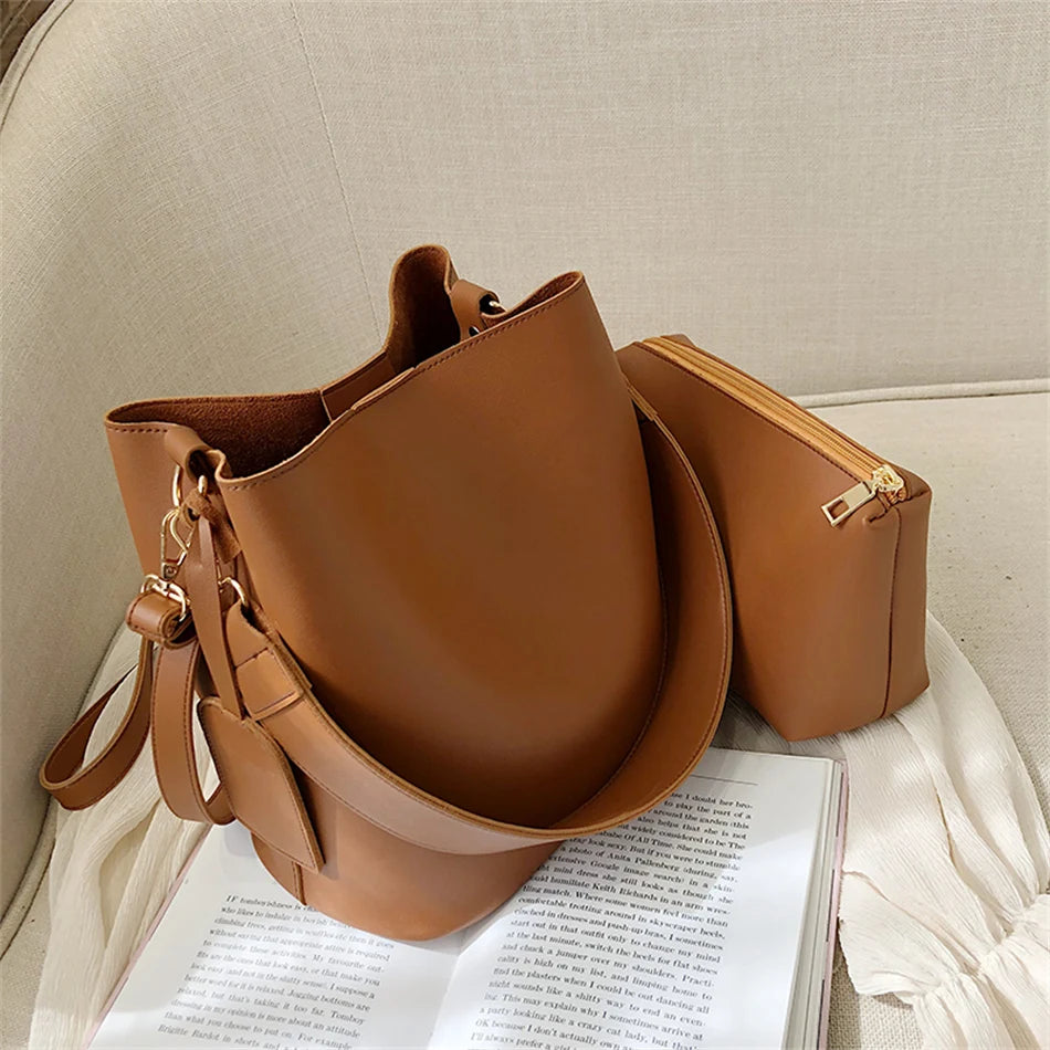 2piece/set Fashion Design Pu Leather Shoulder Crossbody Bag Casual Lady Tote Female Large Capacity Bucket purses and handbags