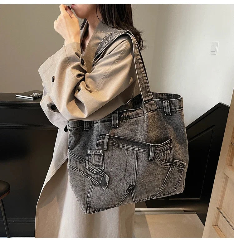 2025 Spring New Hot Sale Denim Tote Bags Solid Large Capacity Personality Retro Durable Commute Style Shoulder Bags for Women