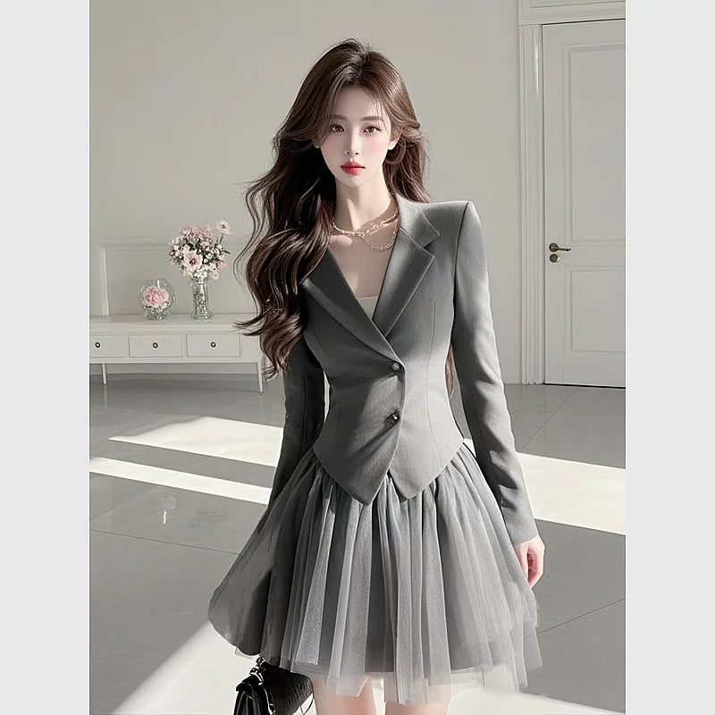 2025 spring super beautiful unique beautiful high-end temperament small fragrance style gray top mesh skirt Two-piece set