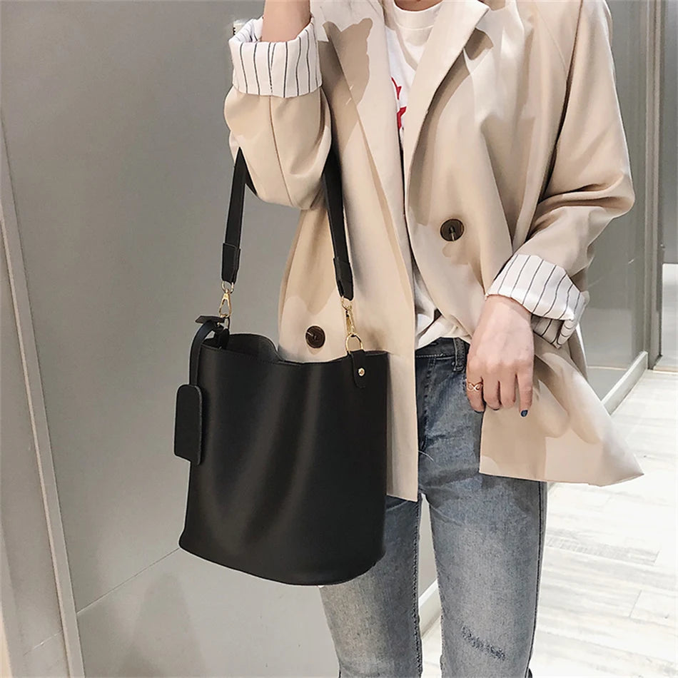 2piece/set Fashion Design Pu Leather Shoulder Crossbody Bag Casual Lady Tote Female Large Capacity Bucket purses and handbags