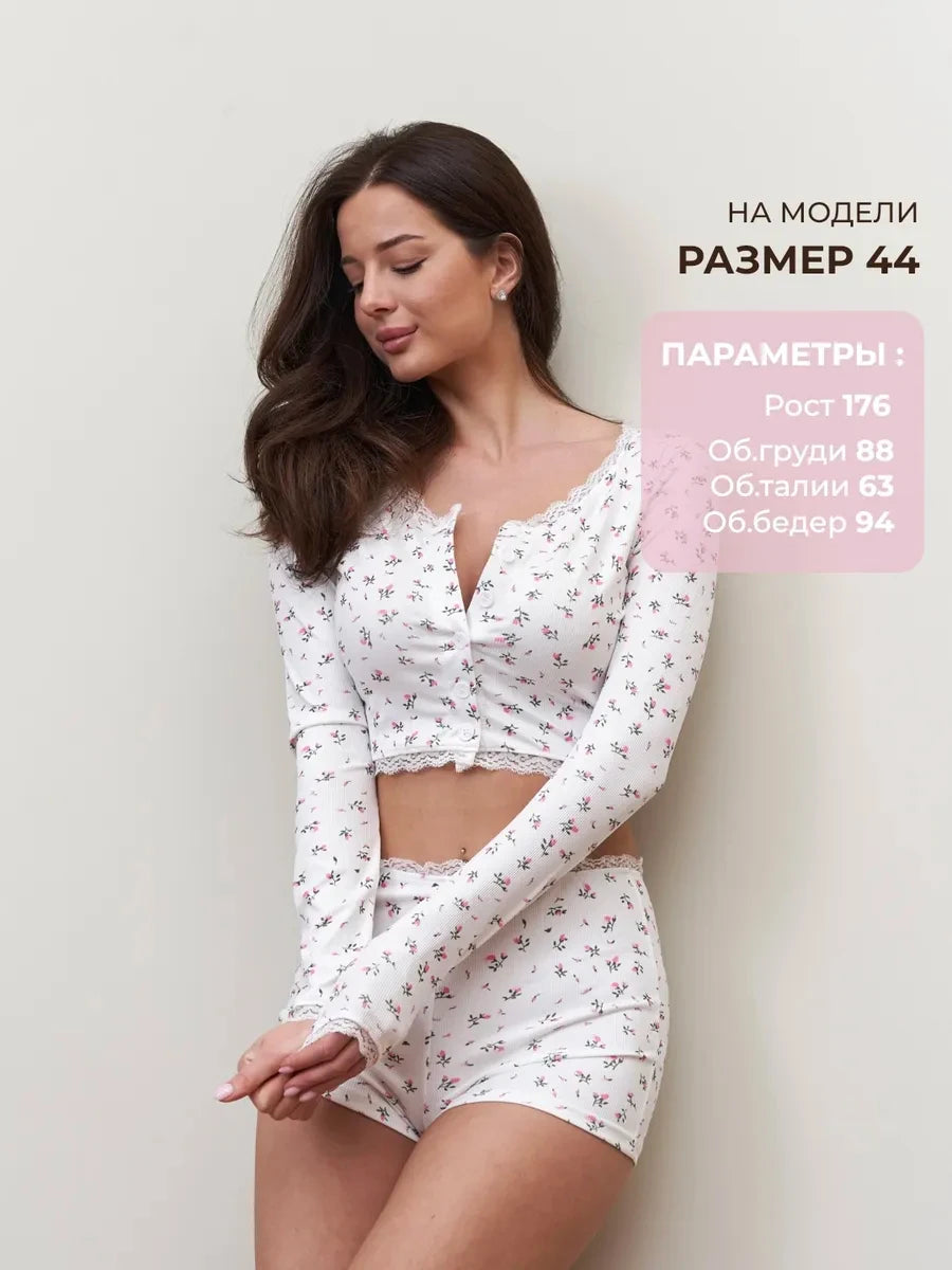 Women‘s Floral Lace Pajama Set Long Sleeve Crop Top Shorts Sexy Clubwear Two Piece Lounge Outfits Fashion Sleepwear Homewear
