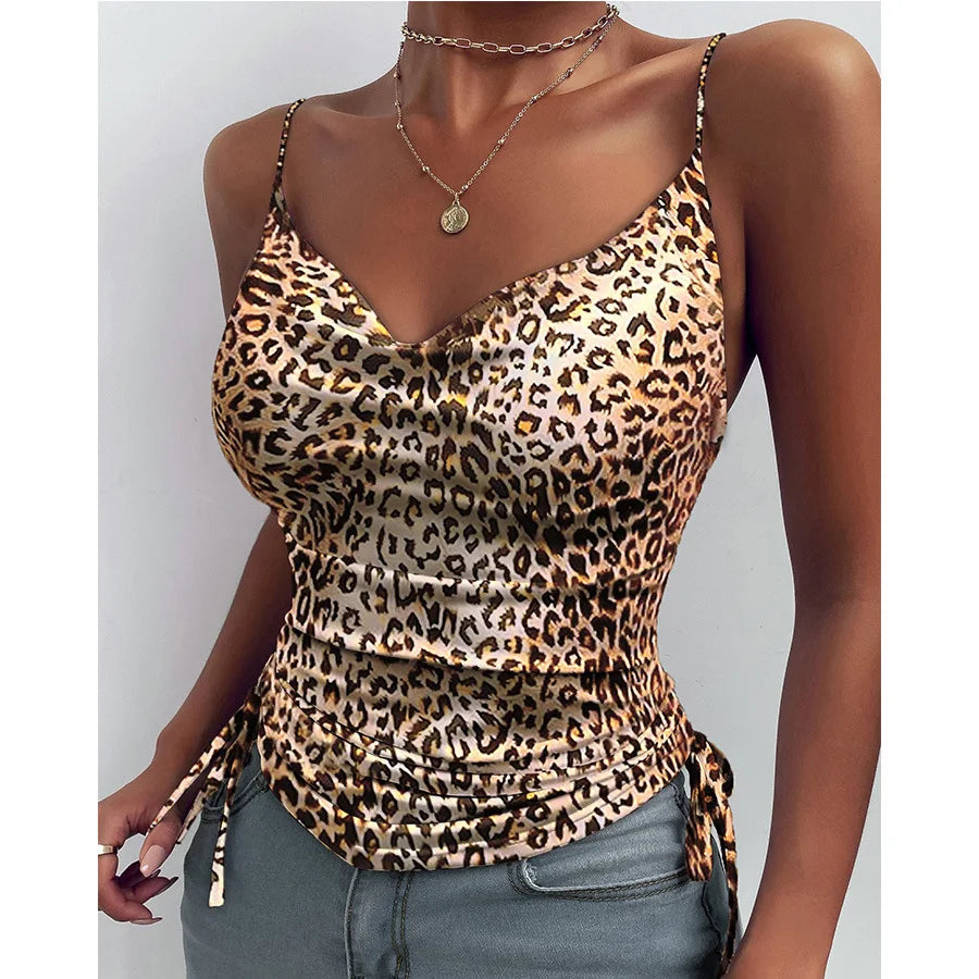 Women's Solid Tank Top V Neck Camisole Cami Drawstring Spaghetti Strap Top Sleeveless Blouse Tank Shirt New Summer Crop Top