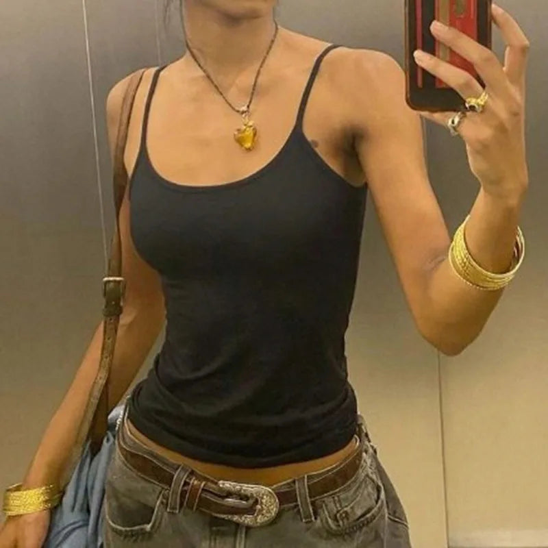 Sexy Spaghetti Strap Tank Tops Fashion Women White Solid Basic Sleeveless Y2K All-Match Crop Top Casual Streetwear Harajuku Tees