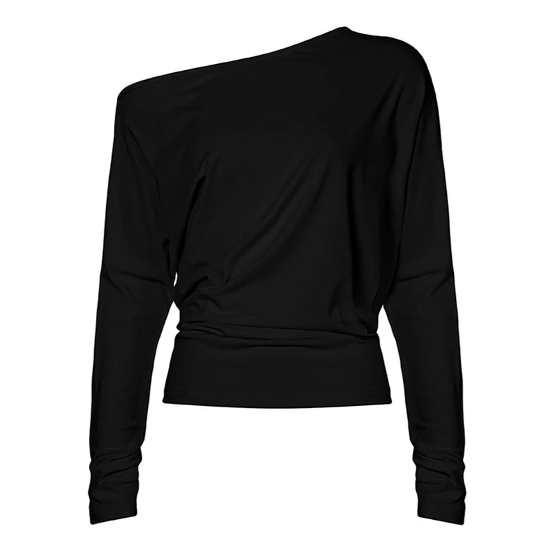 Women Loose Fit T-shirt Long Sleeve Skew Neck Solid Ladies Fall Pullovers Tops Fashion Streetwear for Casual Daily Female Tees