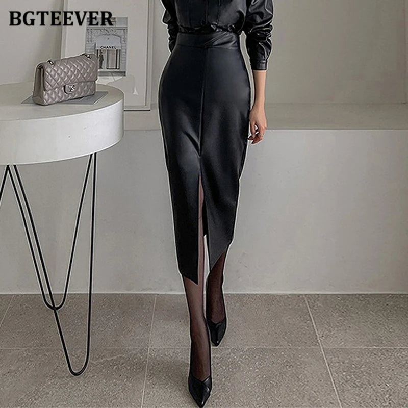 BGTEEVER Stylish Skinny PU Leather Skirts for Women Autumn Winter Elegant Slim Split Package Hip Pu Skirts Female