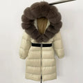 90% White Duck Down Coat New Natural Thick Warm Long Winter Jacket Women Real Big Fox Fur Collar Belt Loose Puffer Parka