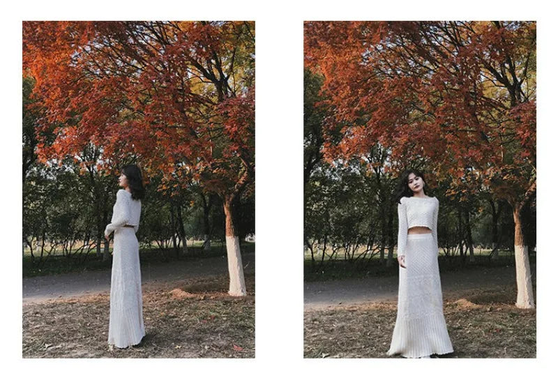 Women's Knitted Sweater Skirt Two-Piece Suit New Sexy Hollow Off-Neck Long Sleeve Sweater Skirt Suit
