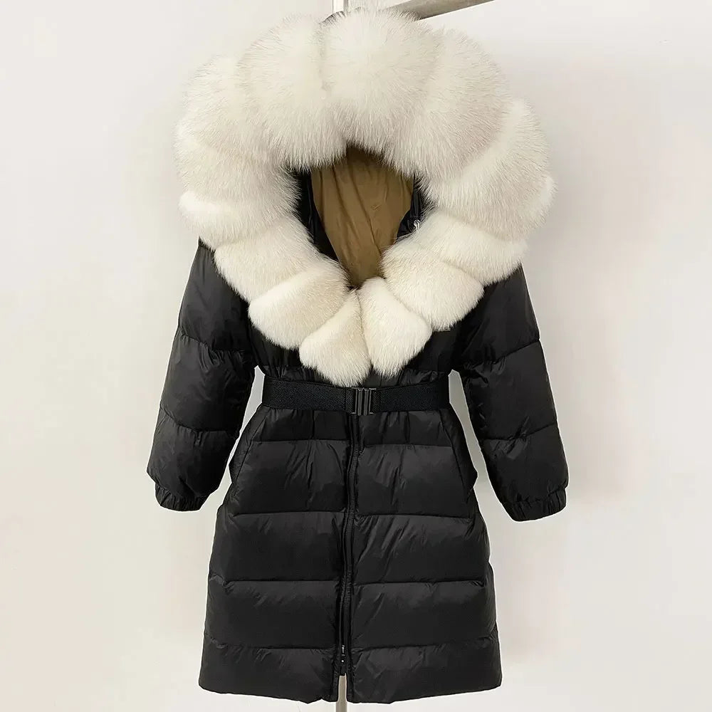 90% White Duck Down Coat New Natural Thick Warm Long Winter Jacket Women Real Big Fox Fur Collar Belt Loose Puffer Parka