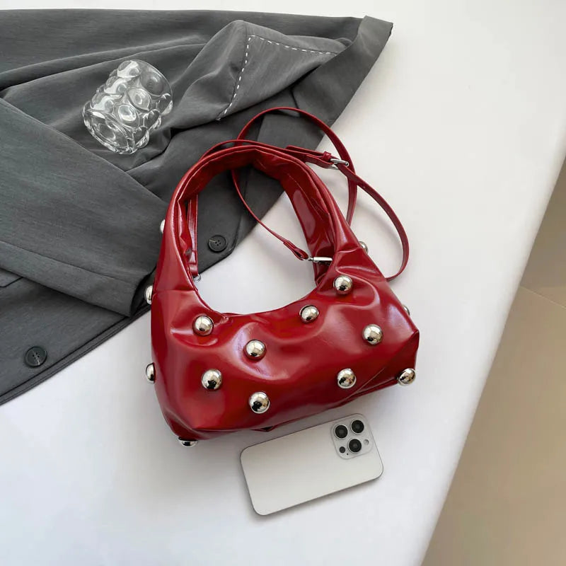 Black Half Moon Underarm Bag For Women Luxury Studded Beading Handbags Red Purse Solid Color Pu Leather Shoulder Crossbody Bags