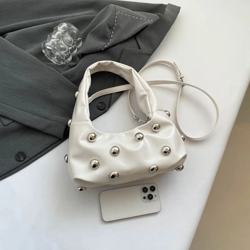 Black Half Moon Underarm Bag For Women Luxury Studded Beading Handbags Red Purse Solid Color Pu Leather Shoulder Crossbody Bags