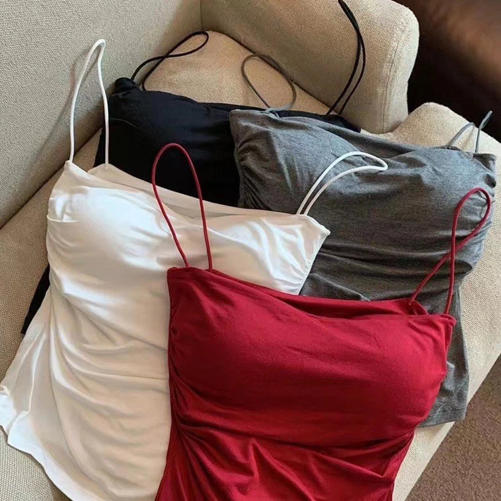 Sleeveless Tees Tank Tops For Women Camisole Vest Cropped Top Slim Fit Solid Color Spaghetti Strap Built In Bra Women Clothes