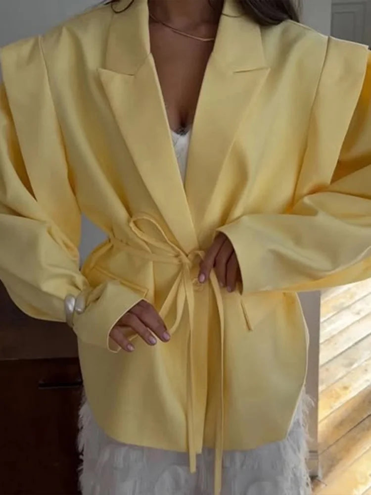 Lace Up Waist Cinched Suit Jacket Coat Blazer Shoulder Pad Strap Commuter Women Mid Length Overcoat Professional Formal Attire