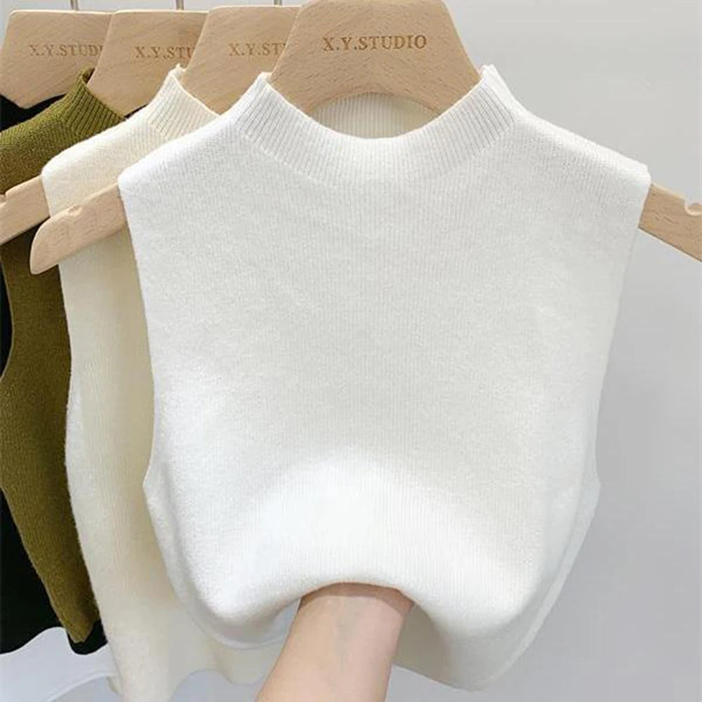 Women's Vest Tank Top Solid Color Knitted Tees Cropped Camisole Sweater Half-turtleneck Spring Autumn Sleeveless топ женский