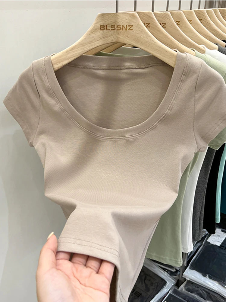2025 Sexy Square Collar Slim T Shirt Women Cotton Elastic Basic Solid Female Casual Tops Short Sleeve Thin T-shirts See Through