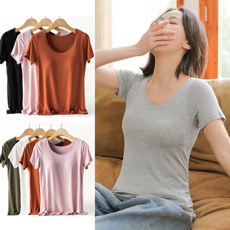 Women's T-Shirt with Chest Pad Tops  One-Piece Bra Cup Slim T Shirt Female Summer Top Bottoming Shirts Home Wear Women Pajamas