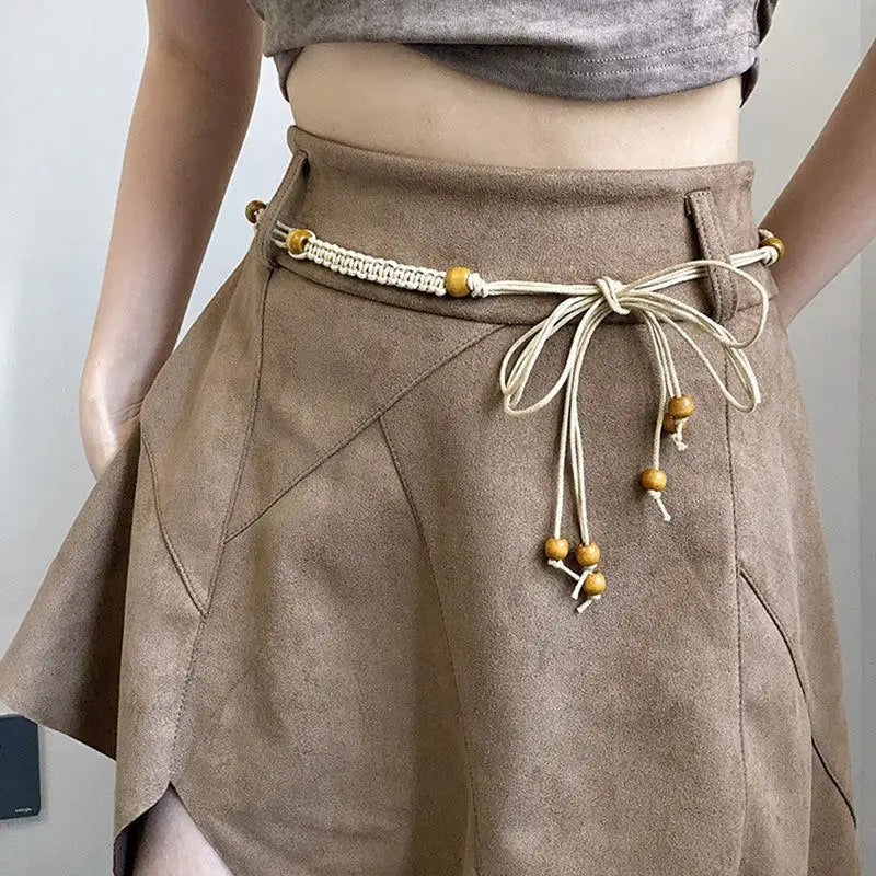 Belts For Women Knot Waistband Summer Boho Shell Bead Dress Jeans Belt Female Beach Accessory Beige Wax Cord
