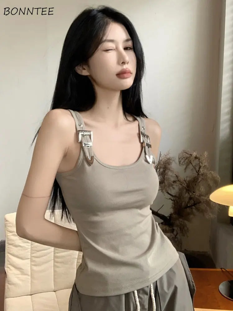 Tanks Women Personality Creativity Casual Trendy All-match Chic Age-reducing Simple Streetwear Solid New Summer Lady Sweet Thin
