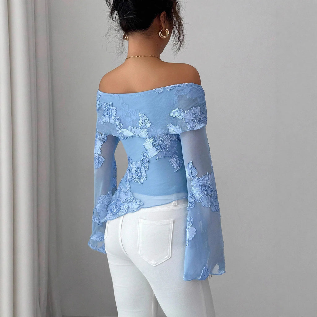 Versatile And Stylish Top For Women T Shirt One-shoulder Collar Flared Sleeves And Asymmetrical Hem Embroidery