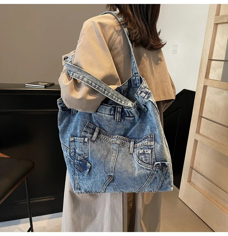 2025 Spring New Hot Sale Denim Tote Bags Solid Large Capacity Personality Retro Durable Commute Style Shoulder Bags for Women