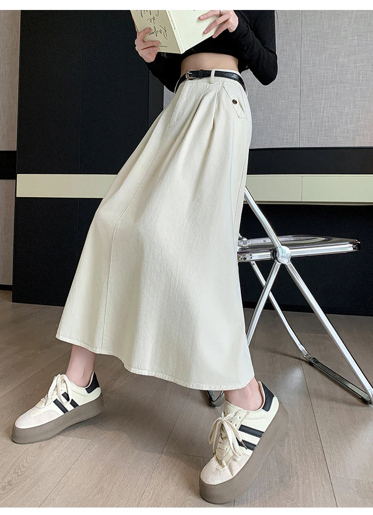 Seoulish Denim Skirts for Women 2024 Spring Summer New High Waist A-line Large Hem Office Lady Umbrella Skirt Pleated Long Skirt