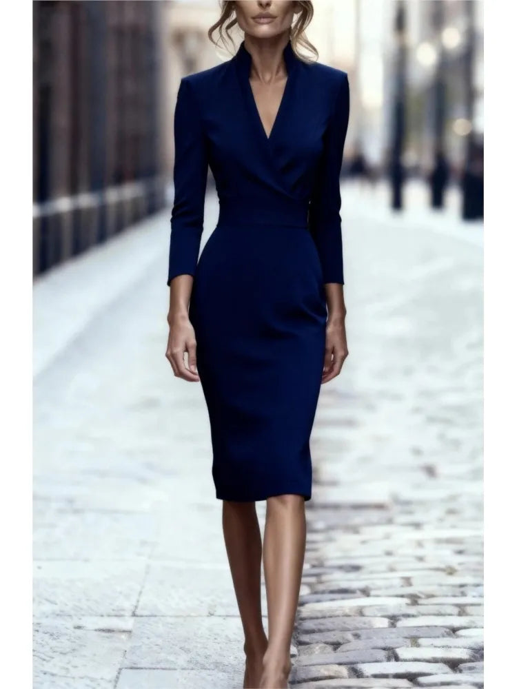 Women's Slim Long Sleeve One Step Office Black Dress Autumn New Fashion Stand Collar Waist Cover Hip Female  Burgundy Dress 2025