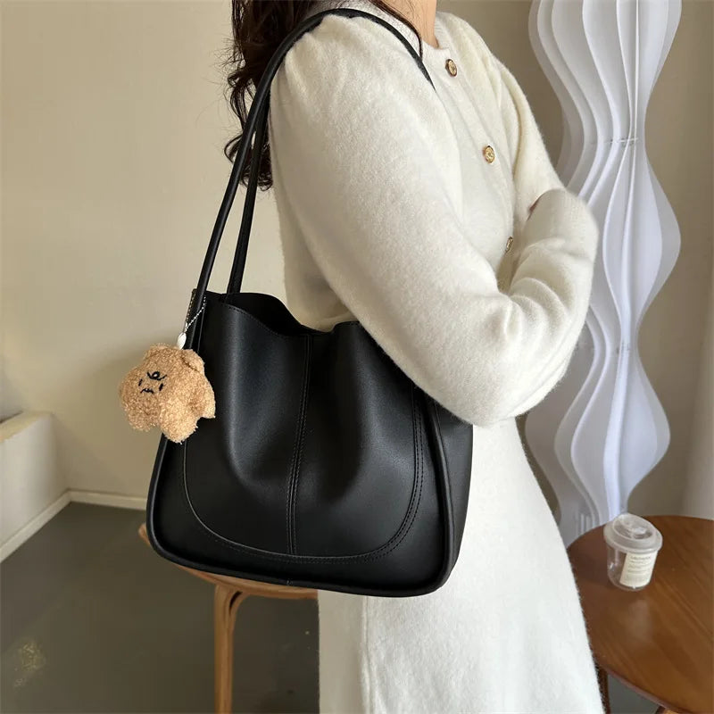 Women's Retro Tote - High-Quality Solid Color, Minimalist Large-Capacity Commuter Handheld/Single-Shoulder