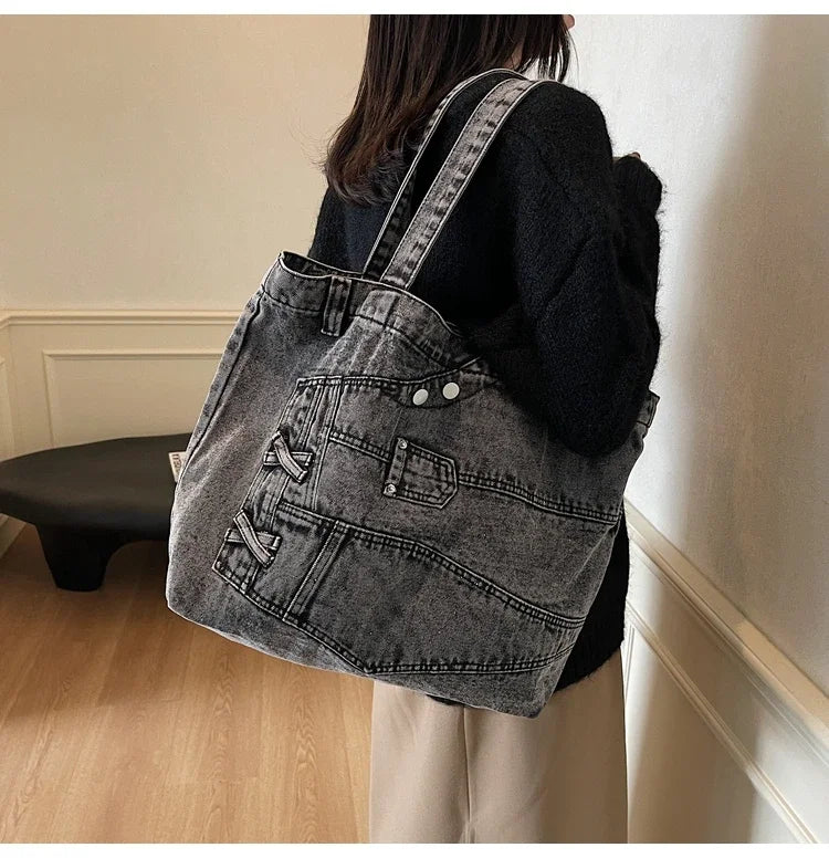 2025 Spring New Hot Sale Denim Tote Bags Solid Large Capacity Personality Retro Durable Commute Style Shoulder Bags for Women