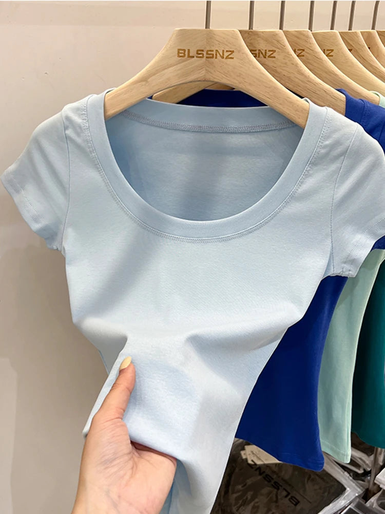 2025 Sexy Square Collar Slim T Shirt Women Cotton Elastic Basic Solid Female Casual Tops Short Sleeve Thin T-shirts See Through