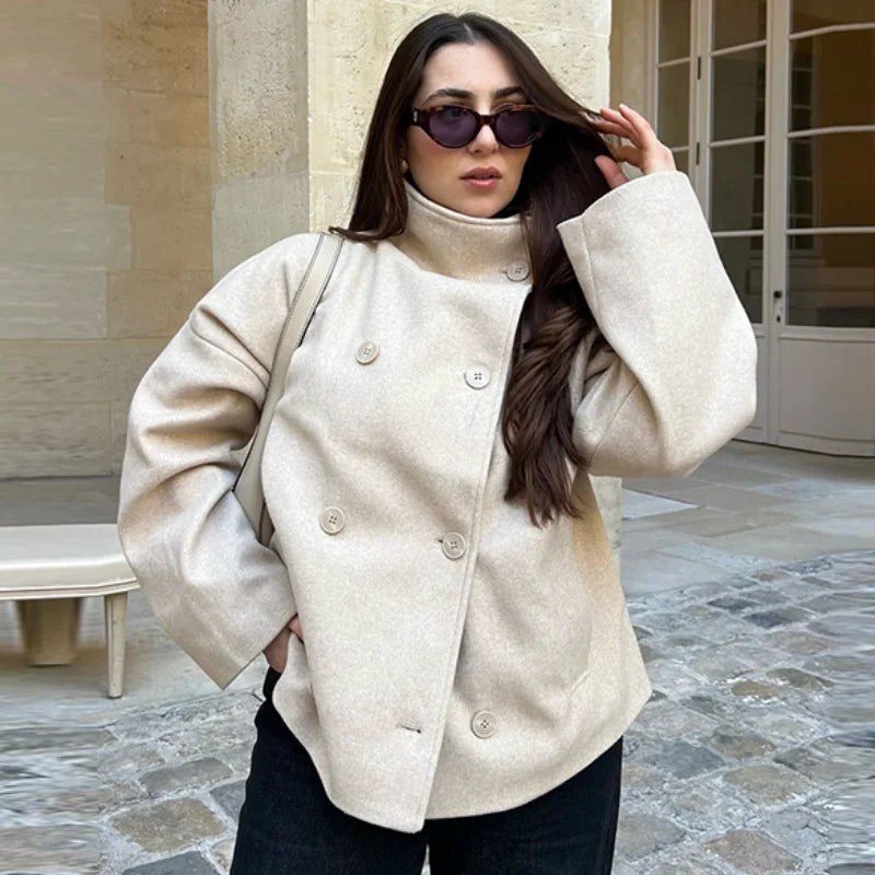 Elegant Women's Short Woolen Coats Loose Stand Collar Double Breasted Pocket Full Sleeve Jacket 2025 Autumn Lady Street Outwear