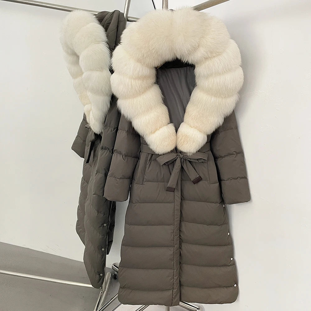 OFTBUY Large Real Fox Fur Collar X-Long Puffer Jacket Women Hooded Winter White Duck Down Coat Thick Female Parkas With Belt