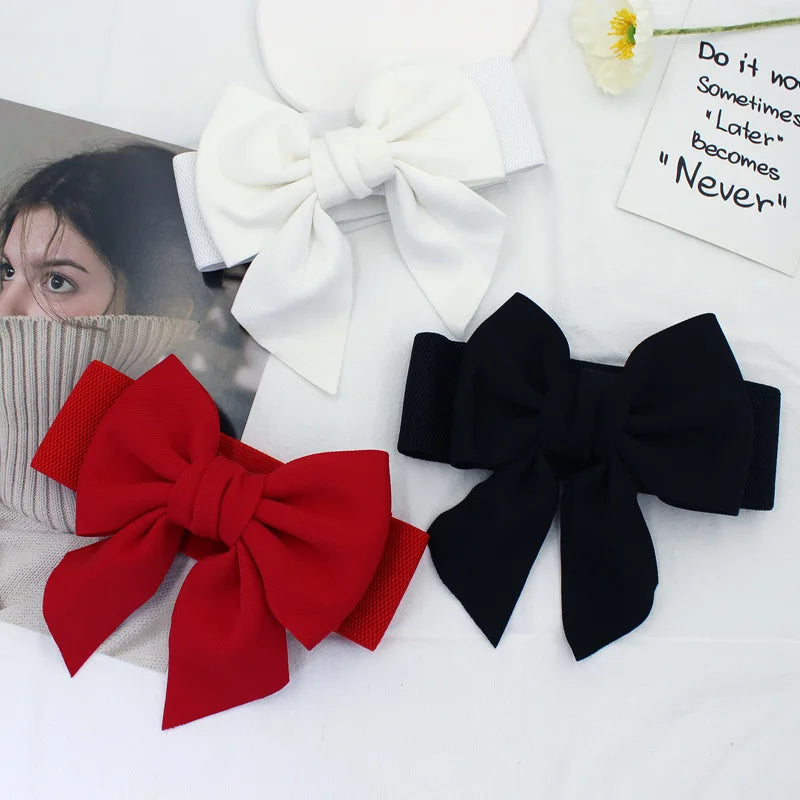 New Fashion Elegant Large Bow Elastic Belts for Women Wide Side Belt Dress Female Jeans Waistband Trouser Accessory