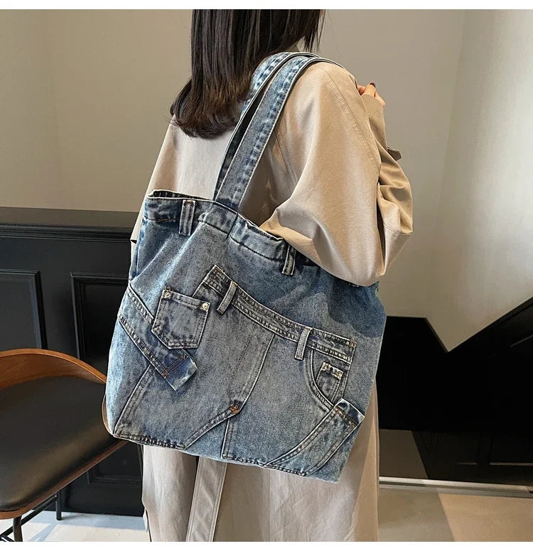 2025 Spring New Hot Sale Denim Tote Bags Solid Large Capacity Personality Retro Durable Commute Style Shoulder Bags for Women