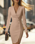 2025 Spring and Autumn New Women's Long Sleeve Dress High Waist Slim V-neck Office Elegant Hip Mini Short Skirt