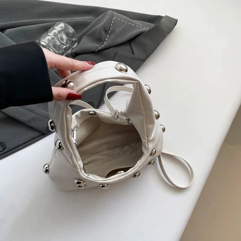 Black Half Moon Underarm Bag For Women Luxury Studded Beading Handbags Red Purse Solid Color Pu Leather Shoulder Crossbody Bags