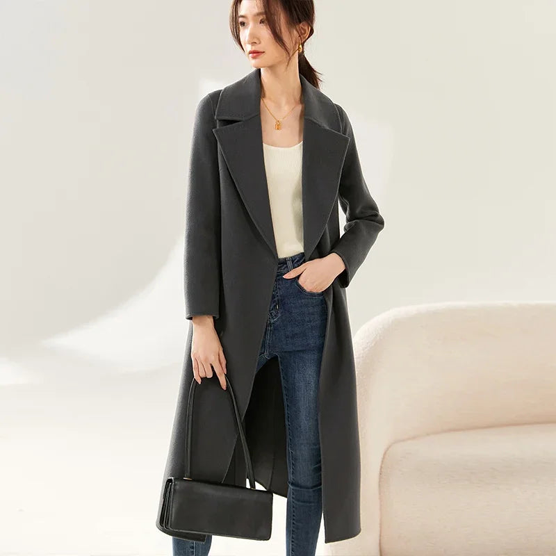 SENTUBILA Women 100% Wool Long Wrap Coat 2025 Elegant Notched Collar Belted Warm Double Faced Woolen Winter Overcoat W24O43352