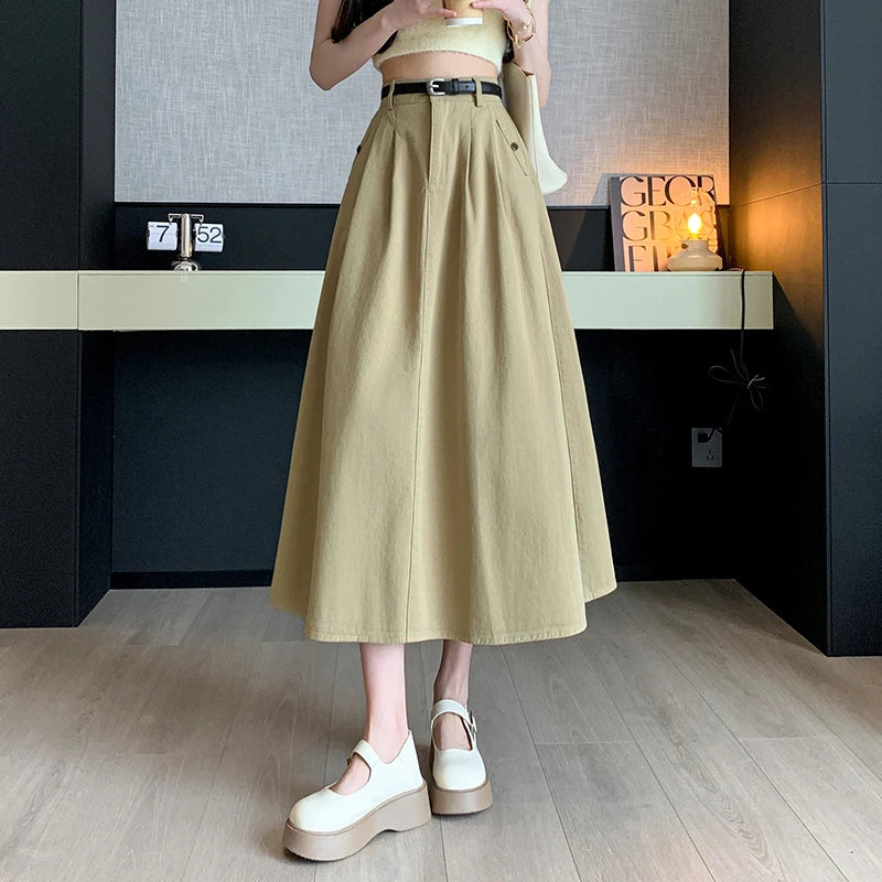 Seoulish Denim Skirts for Women 2024 Spring Summer New High Waist A-line Large Hem Office Lady Umbrella Skirt Pleated Long Skirt
