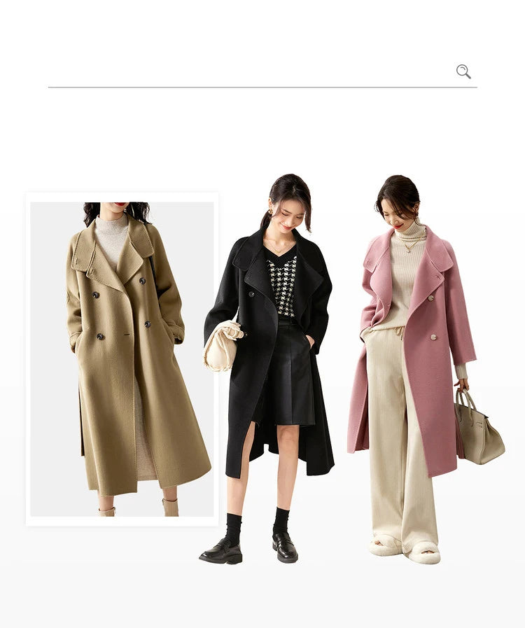 SENTUBILA Women's Long Woolen Overcoats 2025 Winter Outerwear Elegant Turtleneck Warm Double Breasted Belt Wrap Coat W24O42064