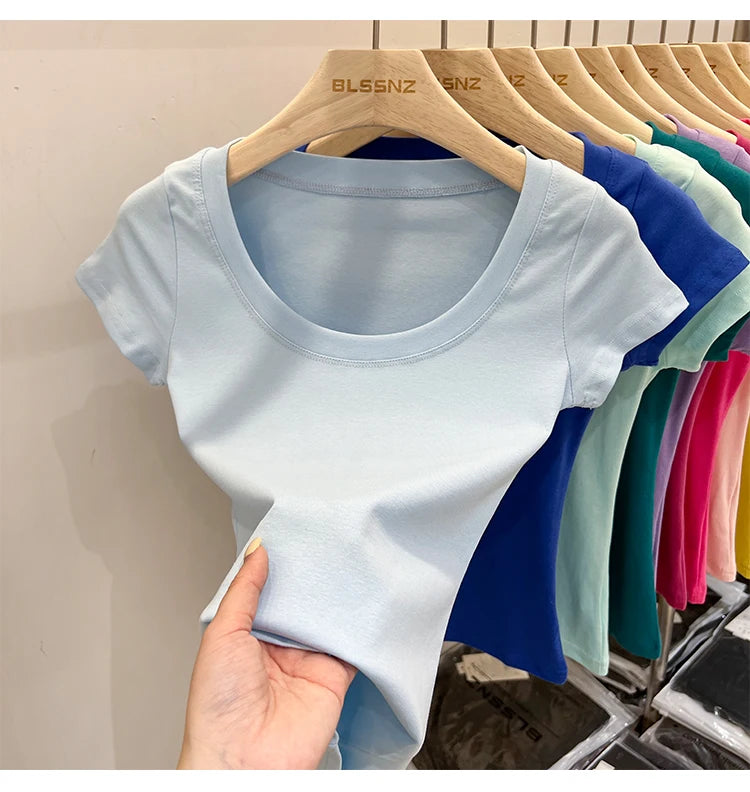2025 Sexy Square Collar Slim T Shirt Women Cotton Elastic Basic Solid Female Casual Tops Short Sleeve Thin T-shirts See Through