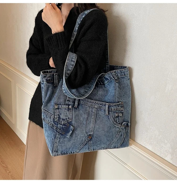 2025 Spring New Hot Sale Denim Tote Bags Solid Large Capacity Personality Retro Durable Commute Style Shoulder Bags for Women