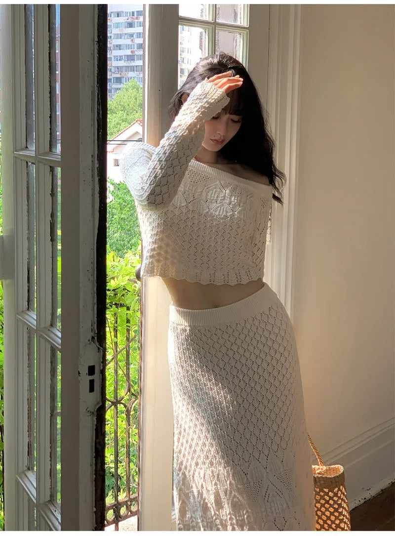 Women's Knitted Sweater Skirt Two-Piece Suit New Sexy Hollow Off-Neck Long Sleeve Sweater Skirt Suit