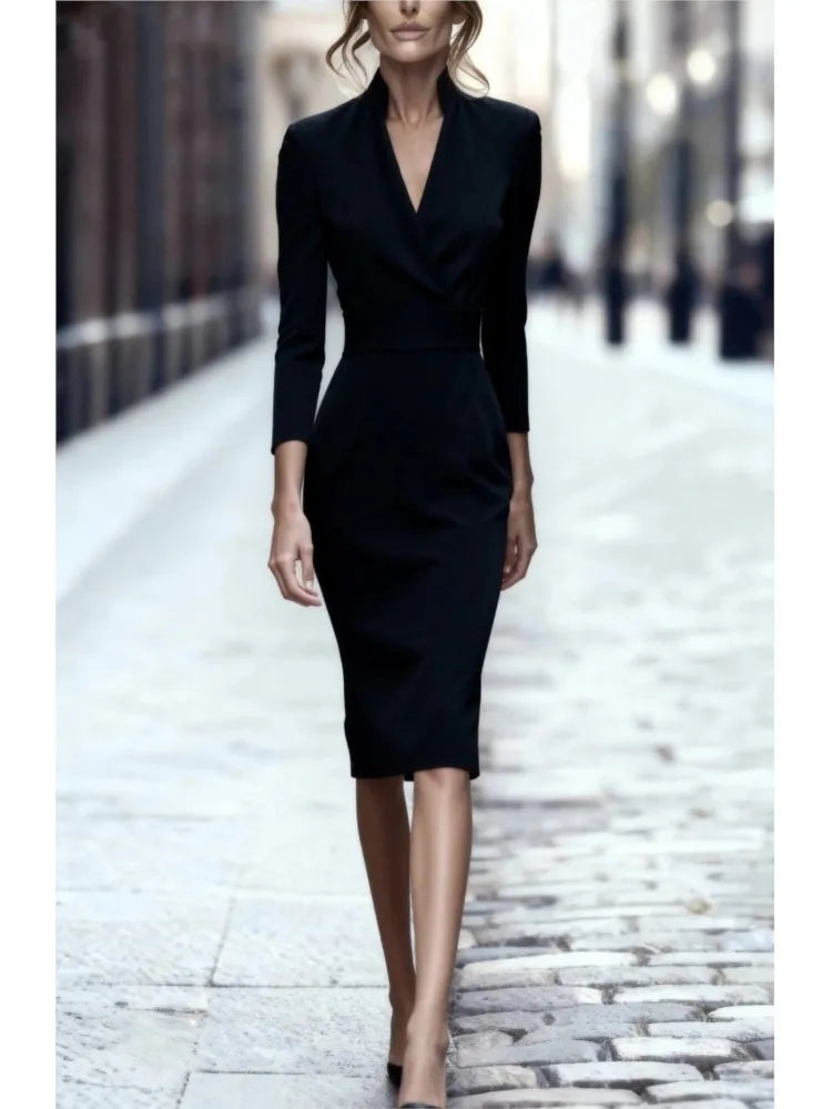 Women's Slim Long Sleeve One Step Office Black Dress Autumn New Fashion Stand Collar Waist Cover Hip Female  Burgundy Dress 2025