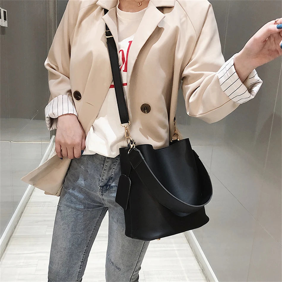 2piece/set Fashion Design Pu Leather Shoulder Crossbody Bag Casual Lady Tote Female Large Capacity Bucket purses and handbags