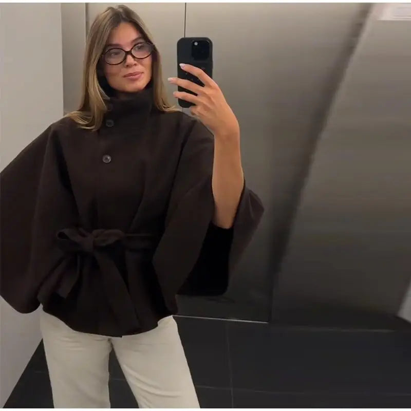 Elegant Lace Up Loose Fit Cape Coat Women's Autumn Winter Oversized High Neck Belted Wrap Jacket Fashion Warm Outerwear Outfit