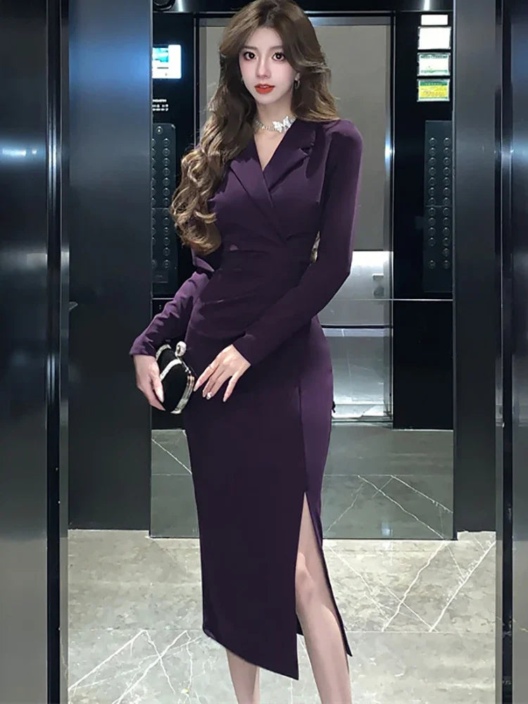 Purpled Elegant Pleated Bodycon Suit Dress for Women 2025 Korean Fashion Formal Dress Autumn Winter Chic Bespoke Occasion Dress