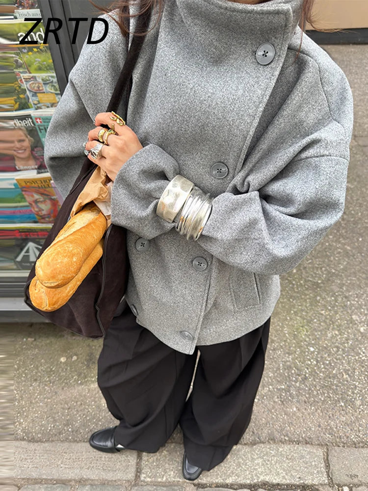 Elegant Women's Short Woolen Coats Loose Stand Collar Double Breasted Pocket Full Sleeve Jacket 2025 Autumn Lady Street Outwear