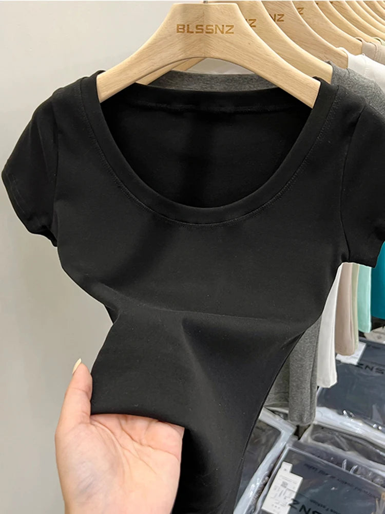 2025 Sexy Square Collar Slim T Shirt Women Cotton Elastic Basic Solid Female Casual Tops Short Sleeve Thin T-shirts See Through