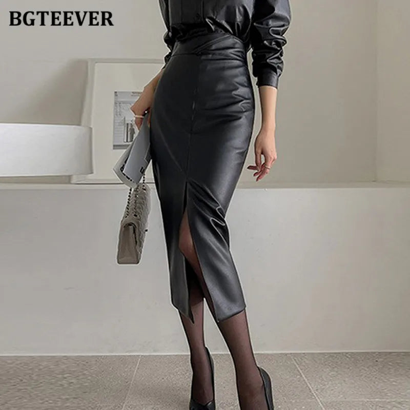 BGTEEVER Stylish Skinny PU Leather Skirts for Women Autumn Winter Elegant Slim Split Package Hip Pu Skirts Female