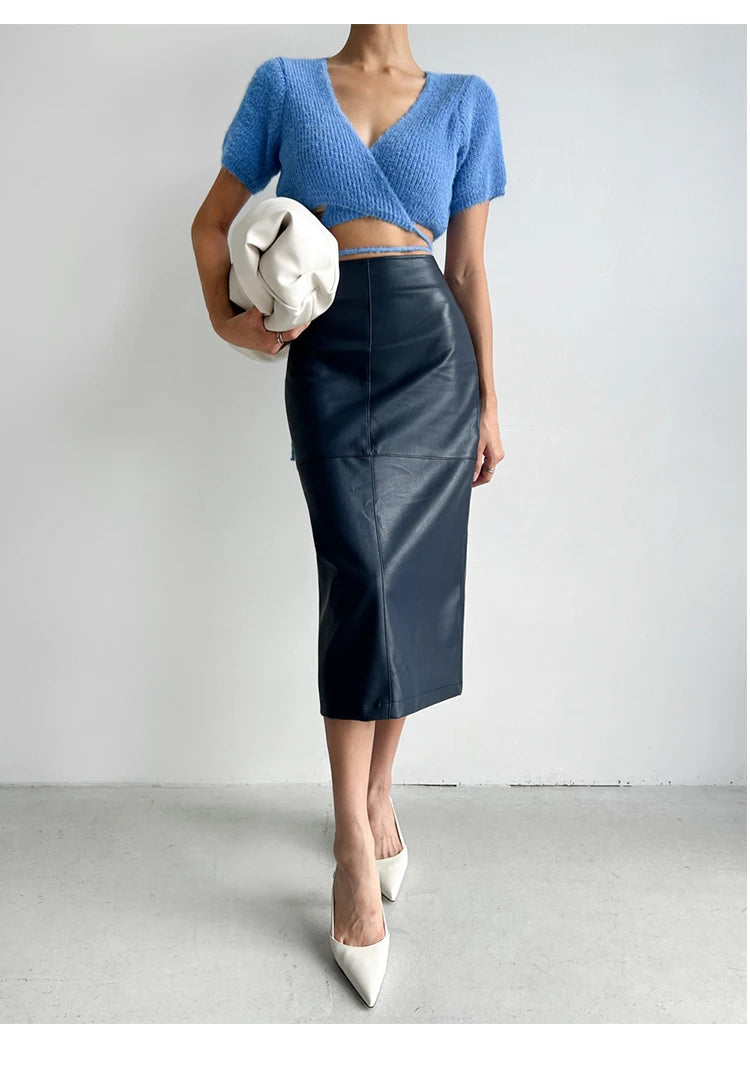New Fashion Pu Leather Skirt Women Fashion Autumn High Waist Slim Split Wrapped Hip Pencil Skirts Elegant Office Lady Jupe